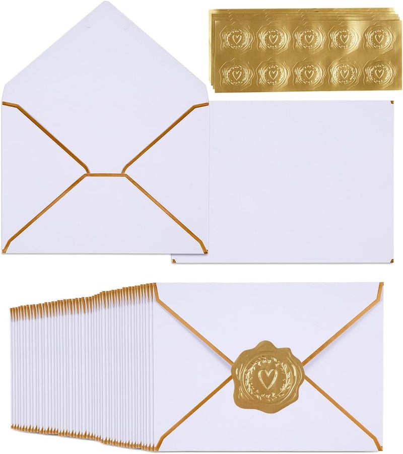 Homtable 100 Pack White A7 Envelopes 5 x 7 Card Envelopes V Flap with Gold Border for Office, Wedding Gift Cards, Invitations, Graduation, Baby Shower, Parties (5.32 x 7.28 Inches, White) - Image 1